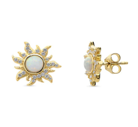 Sun Sunburst Simulated Opal CZ Stud Earrings in Sterling Silver