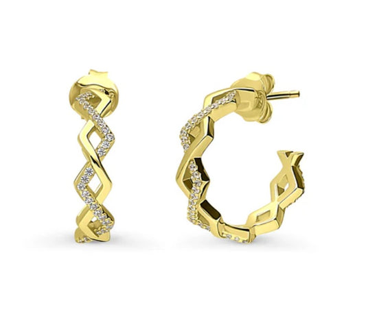 Woven CZ Medium Half Hoop Earrings in Sterling Silver 0.8"