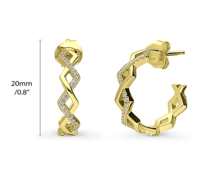 Woven CZ Medium Half Hoop Earrings in Sterling Silver 0.8"