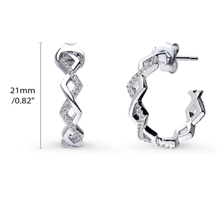 Woven CZ Medium Half Hoop Earrings in Sterling Silver 0.8"