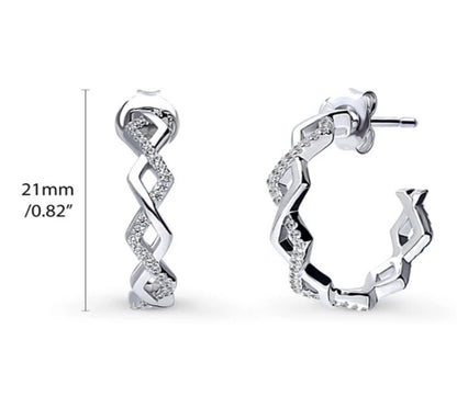 Woven CZ Medium Half Hoop Earrings in Sterling Silver 0.8"