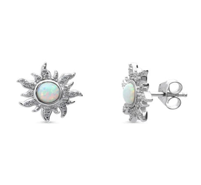 Sun Sunburst Simulated Opal CZ Stud Earrings in Sterling Silver