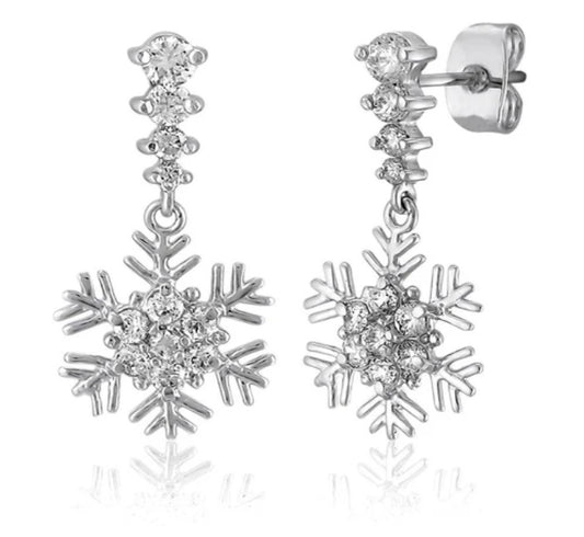 Snowflake CZ Dangle Earrings in Sterling Silver
