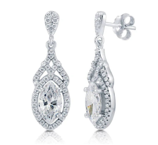Halo Art Deco Marquise CZ Dangle Earrings in Sterling Silver