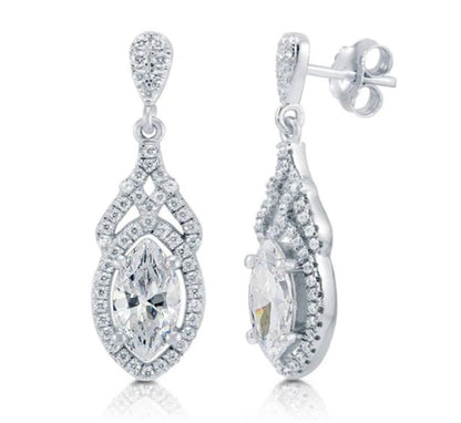 Halo Art Deco Marquise CZ Dangle Earrings in Sterling Silver