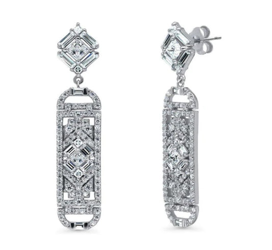 Bar Art Deco CZ Dangle Earrings in Sterling Silver