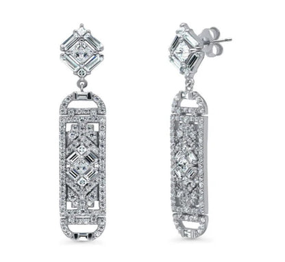 Bar Art Deco CZ Dangle Earrings in Sterling Silver
