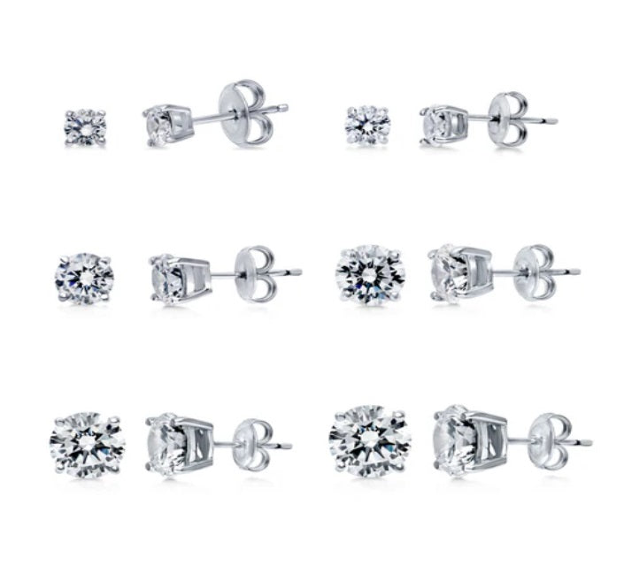 Solitaire Round CZ Stud Earrings in Sterling Silver