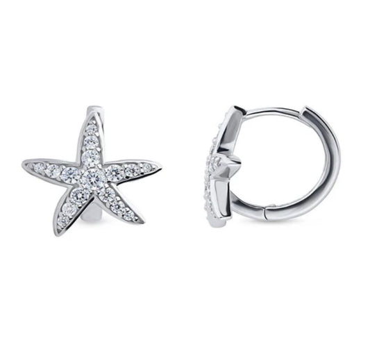 Starfish CZ Small Huggie Earrings in Sterling Silver 0.5"