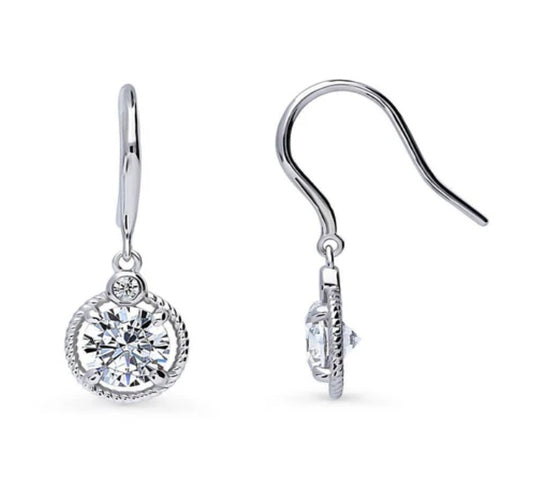 Solitaire Cable 2.5ct Round CZ Fish Hook Earrings in Sterling Silver