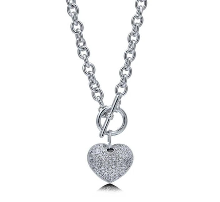 Heart CZ Toggle Pendant Necklace in Silver-Tone