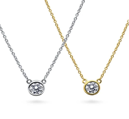 Solitaire 0.9ct Bezel Set Round CZ Necklace in Sterling Silver, 2 Piece