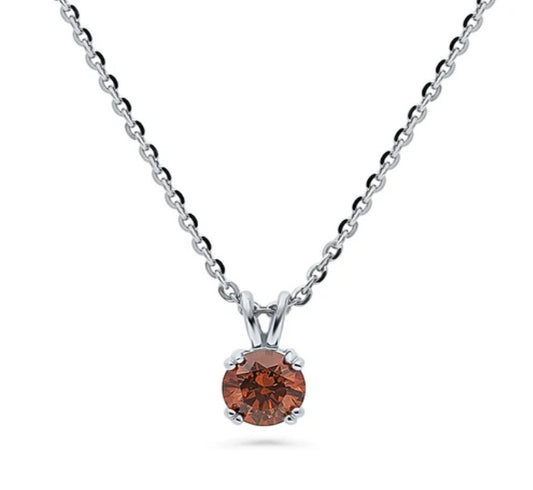 Solitaire Caramel Round CZ Pendant Necklace in Sterling Silver 0.8ct
