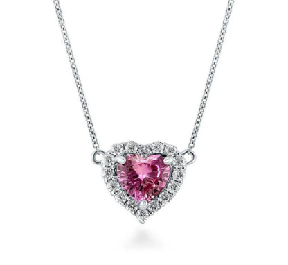 Halo Heart Pink CZ Pendant Necklace in Sterling Silver