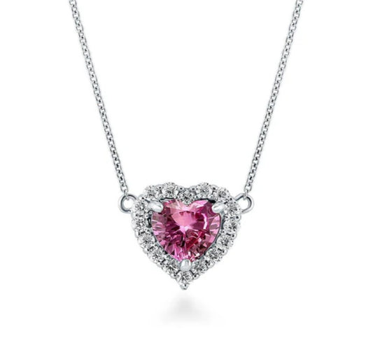 Halo Heart Pink CZ Pendant Necklace in Sterling Silver