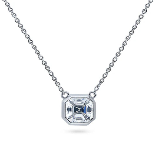 Solitaire 1.2ct Bezel Set Asscher CZ Necklace in Sterling Silver