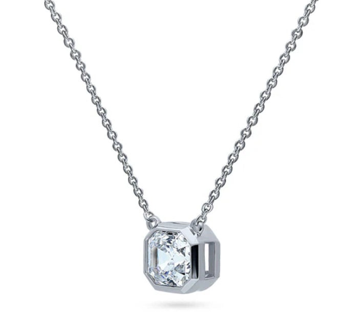 Solitaire 1.2ct Bezel Set Asscher CZ Necklace in Sterling Silver