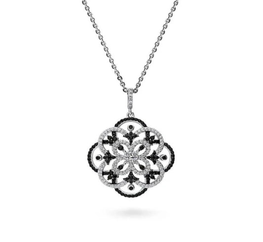 Flower Black and White CZ Statement Pendant Necklace in Sterling Silver