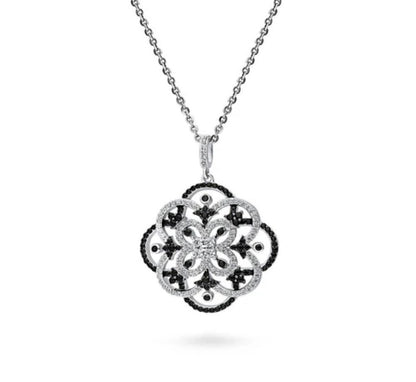 Flower Black and White CZ Statement Pendant Necklace in Sterling Silver