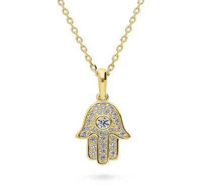 Hamsa Hand CZ Pendant Necklace in Gold Flashed Sterling Silver