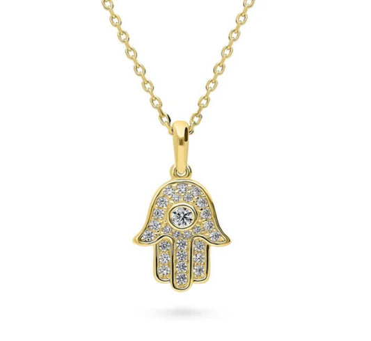 Hamsa Hand CZ Pendant Necklace in Gold Flashed Sterling Silver