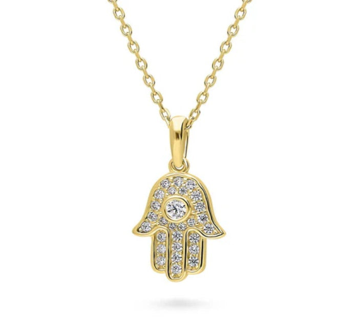 Hamsa Hand CZ Pendant Necklace in Gold Flashed Sterling Silver