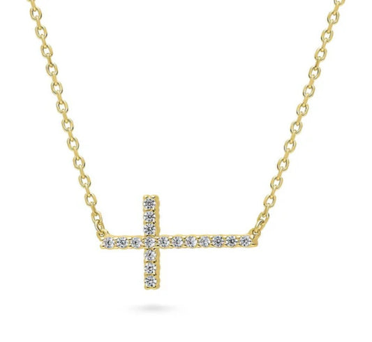 Sideways Cross CZ Pendant Necklace in Gold Flashed Sterling Silver