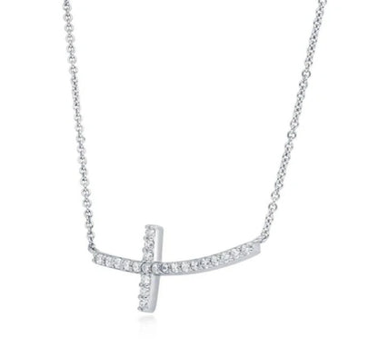Sideways Cross CZ Pendant Necklace in Sterling Silver