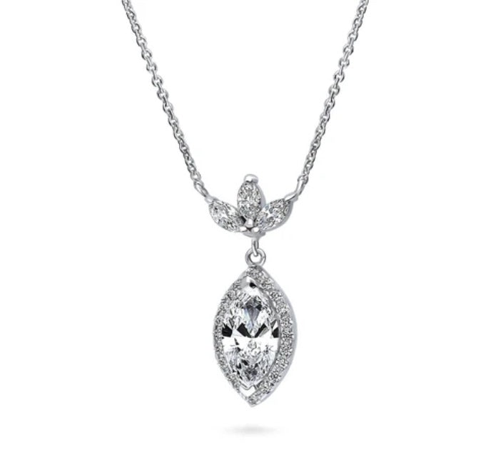 Halo Flower Marquise CZ Pendant Necklace in Sterling Silver