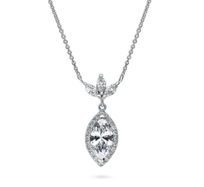 Halo Flower Marquise CZ Pendant Necklace in Sterling Silver
