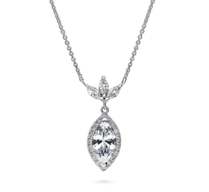 Halo Flower Marquise CZ Pendant Necklace in Sterling Silver