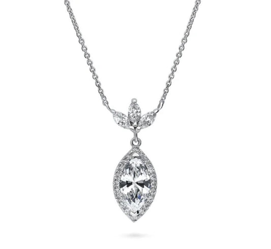 Halo Flower Marquise CZ Pendant Necklace in Sterling Silver
