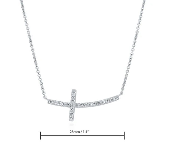 Sideways Cross CZ Pendant Necklace in Sterling Silver