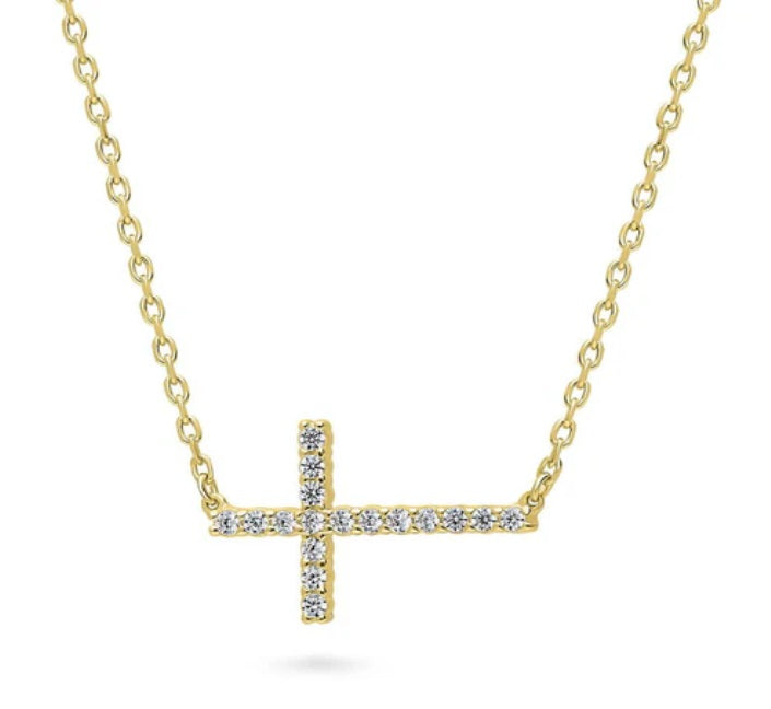 Sideways Cross CZ Pendant Necklace in Gold Flashed Sterling Silver