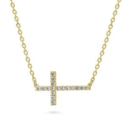 Sideways Cross CZ Pendant Necklace in Gold Flashed Sterling Silver