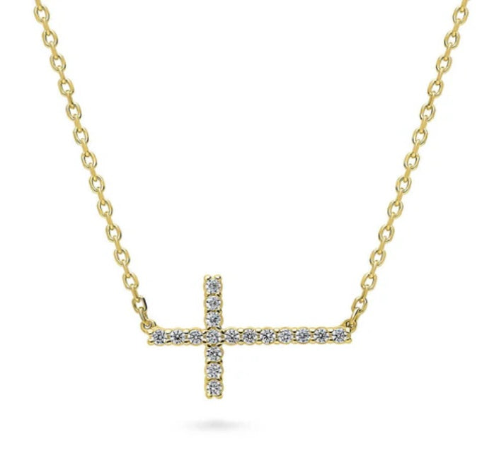 Sideways Cross CZ Pendant Necklace in Gold Flashed Sterling Silver