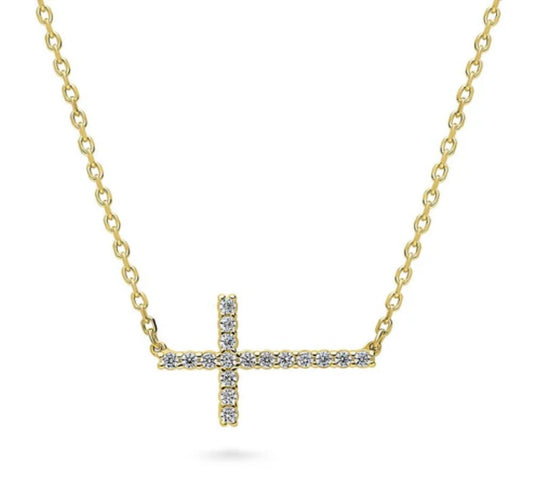 Sideways Cross CZ Pendant Necklace in Gold Flashed Sterling Silver