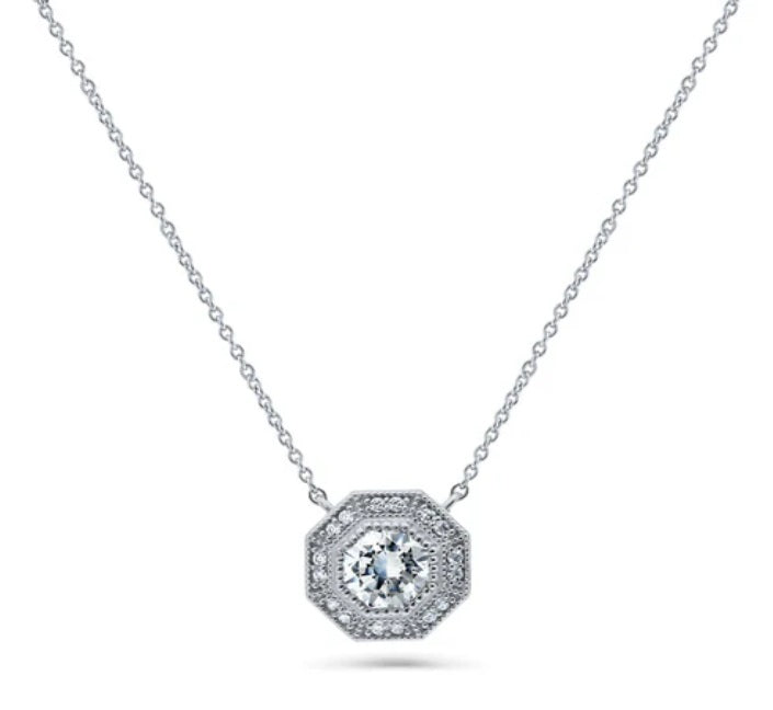 Halo Milgrain Octagon Sun CZ Pendant Necklace in Sterling Silver