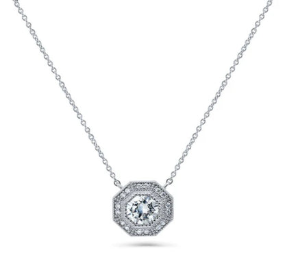 Halo Milgrain Octagon Sun CZ Pendant Necklace in Sterling Silver