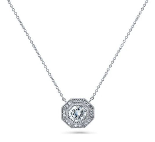Halo Milgrain Octagon Sun CZ Pendant Necklace in Sterling Silver