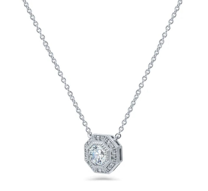 Halo Milgrain Octagon Sun CZ Pendant Necklace in Sterling Silver