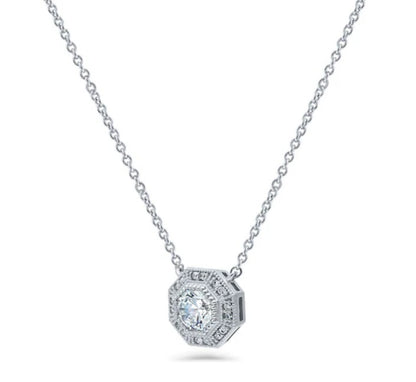 Halo Milgrain Octagon Sun CZ Pendant Necklace in Sterling Silver