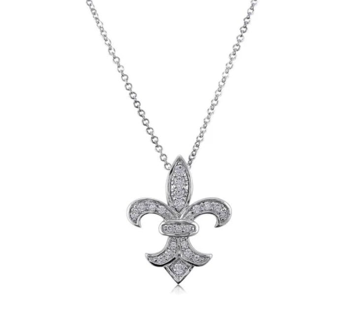 Fleur De Lis CZ Pendant Necklace in Sterling Silver