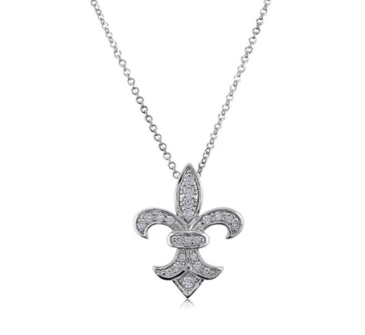Fleur De Lis CZ Pendant Necklace in Sterling Silver