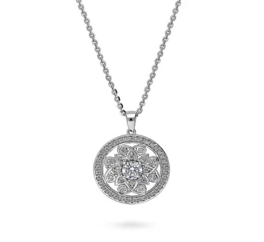 Flower Medallion CZ Pendant Necklace in Sterling Silver