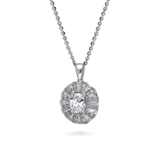 Halo Art Deco Oval CZ Pendant Necklace in Sterling Silver