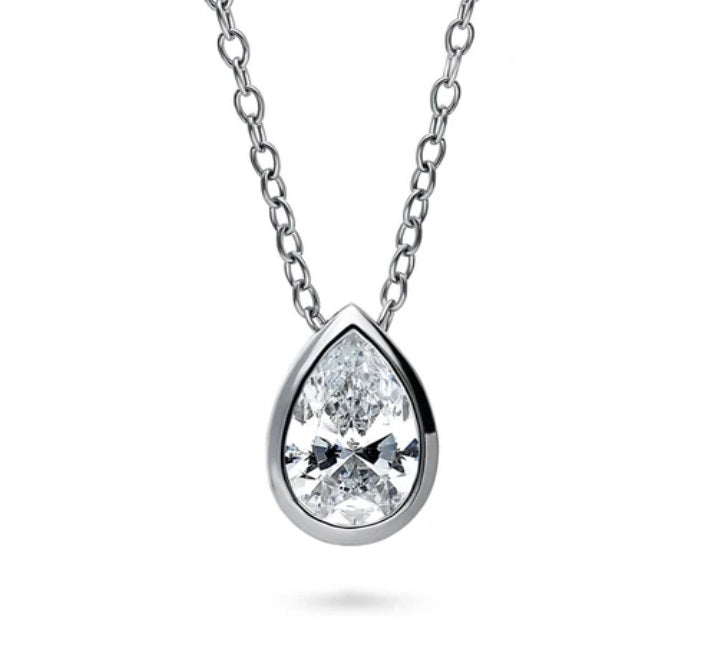 Solitaire Bezel Set Pear CZ Pendant Necklace in Sterling Silver 0.8ct