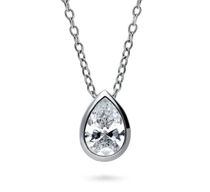 Solitaire Bezel Set Pear CZ Pendant Necklace in Sterling Silver 0.8ct