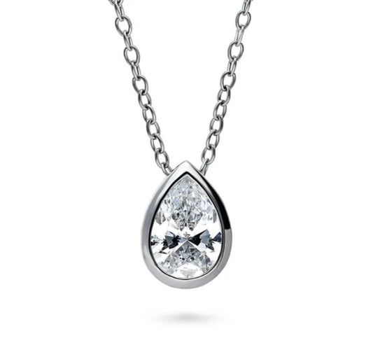 Solitaire Bezel Set Pear CZ Pendant Necklace in Sterling Silver 0.8ct