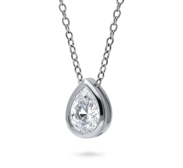 Solitaire Bezel Set Pear CZ Pendant Necklace in Sterling Silver 0.8ct